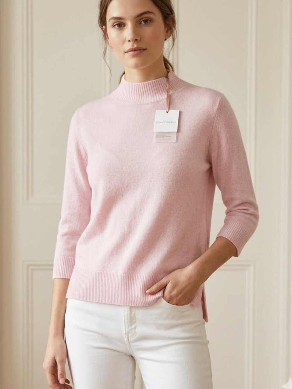 NWT Bianco & Blu M Light Pink Cashmere Silk Wool Mock Neck Knit  Sweater ITALY